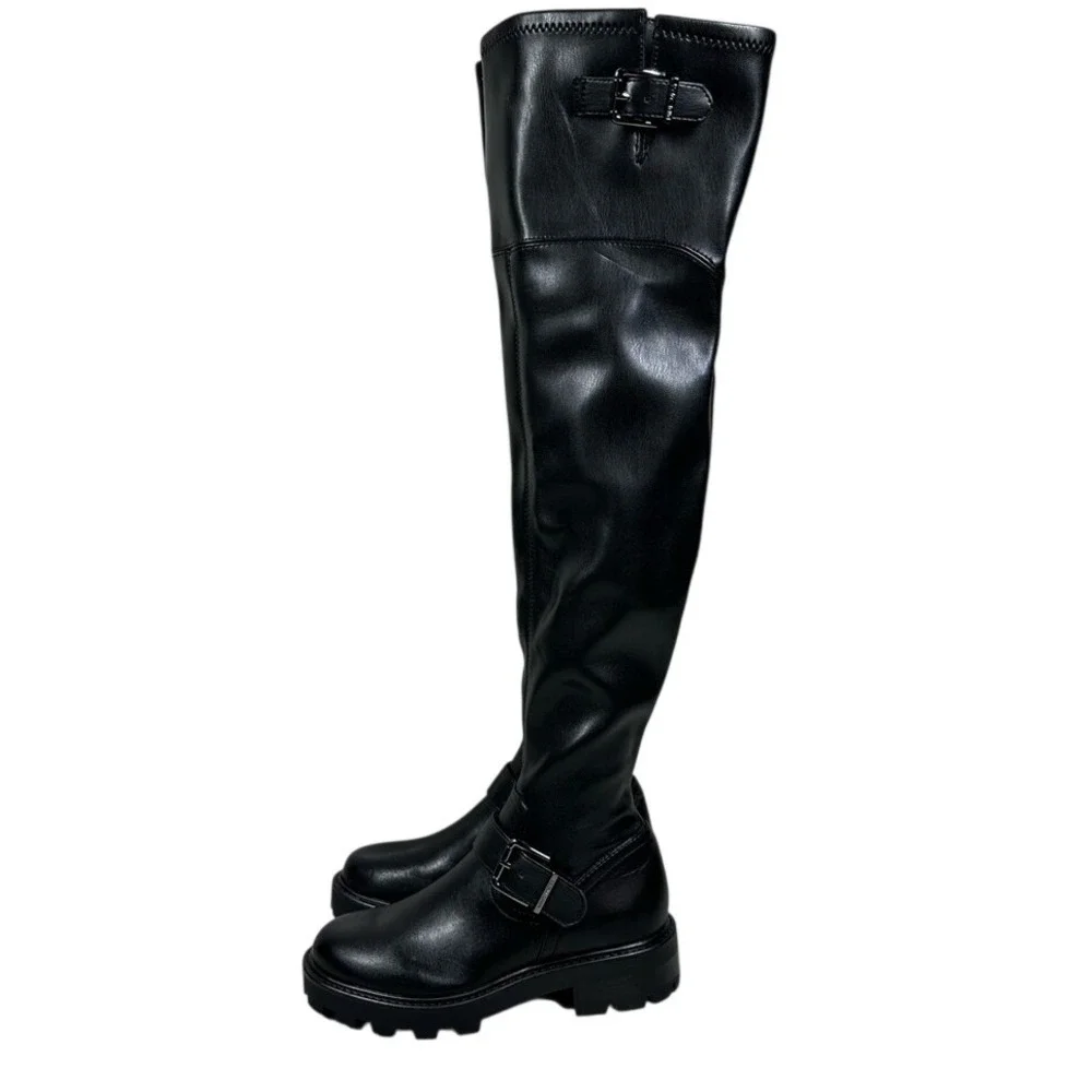 Nine‎ West Women's 5M Nans Lug Sole Over The Knee Boots Black Chunky